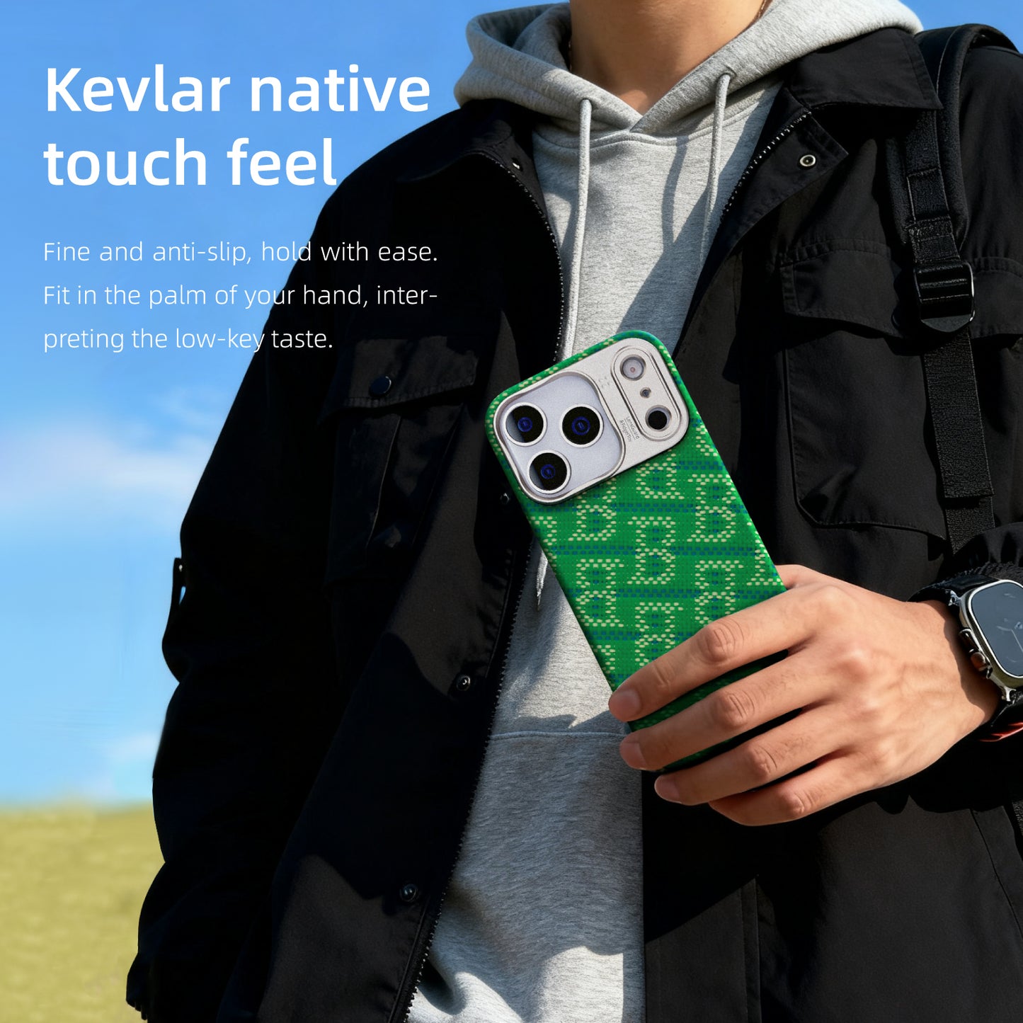 AVOBANGK Green Monogram Half-Cover Magnetic Vectran Fiber Case for iPhone 17 Pro Max